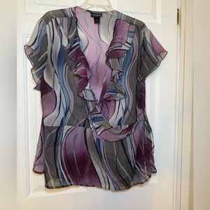 Lane Bryant Purple & Black Abstract Print Ruffle Wrap Blouse Sheer 22/24 Plus